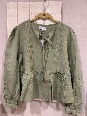Lost + Wander Light Sage Tie-Neck Peplum Blouse